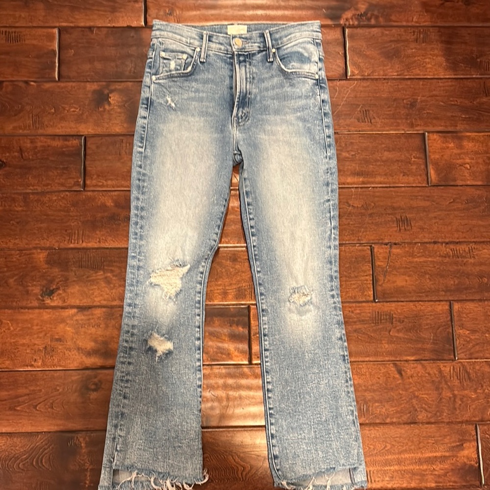 MOTHER Blue Flare Wide Leg Jeans with Vintage Distressing